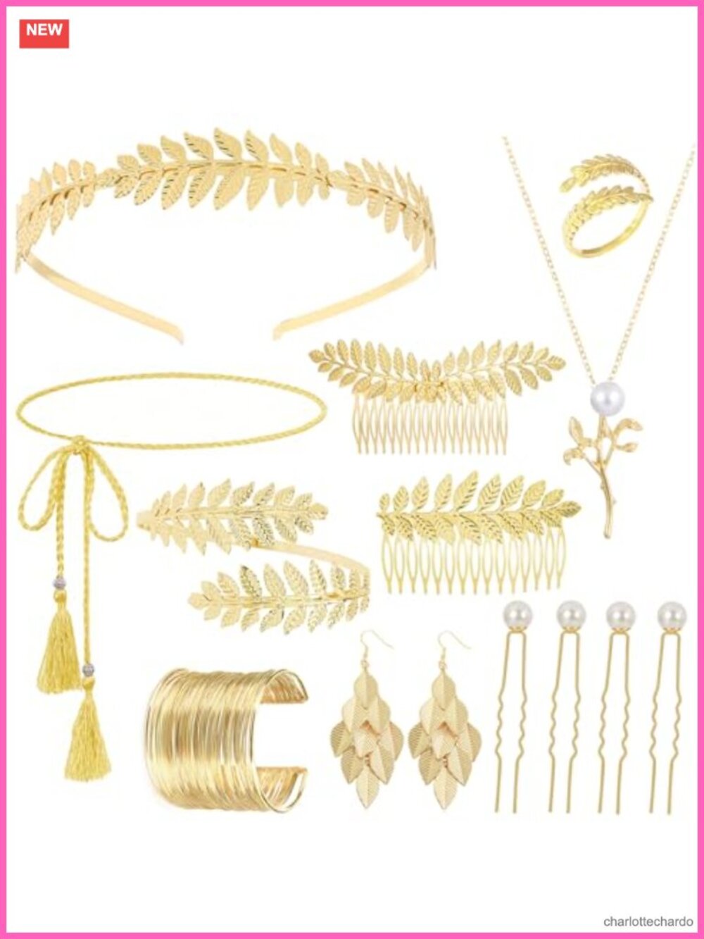 Greek Goddess Costume Accessory Set Gold Plated Laurel Leaf Crown Belt Women